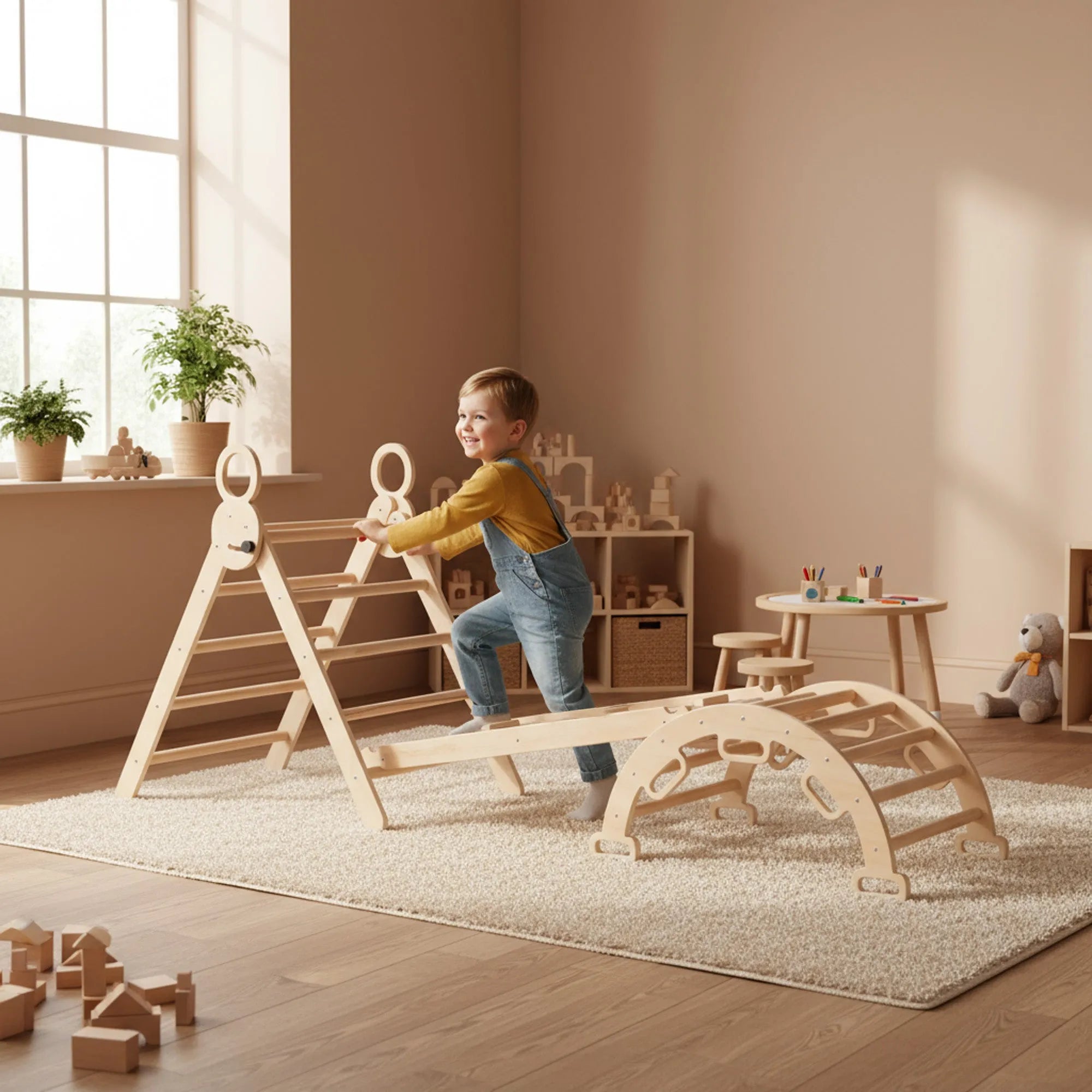 Het DERYAN Luxe houten klimrek is bedoeld voor gebruik binnenshuis door jonge kinderen tijdens spel en beweging. Het klimrek is gemaakt van hout en heeft meerdere speelelementen die klimmen en bewegen mogelijk maken. Het model is geschikt voor plaatsing in huis.