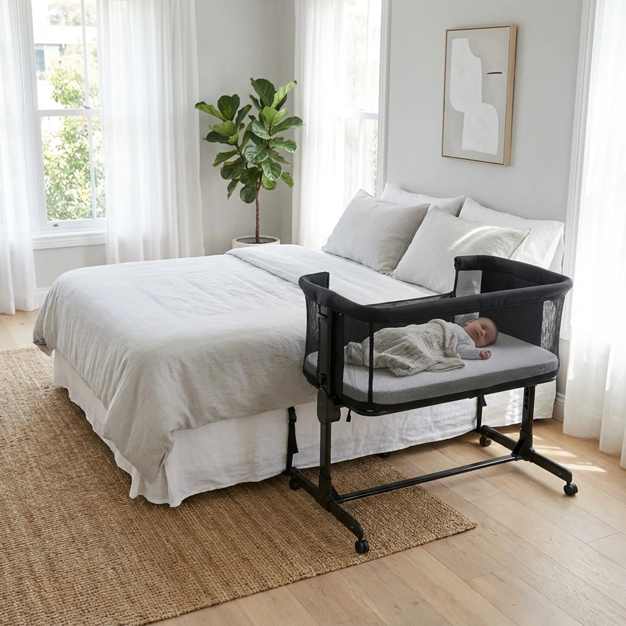 De DERYAN Snoozy co sleeper in het zwart is een wieg die naast het bed kan worden geplaatst voor gebruik bij jonge baby’s. Het model heeft een verstelbare hoogte, een open zijkant en een stabiel frame. De co sleeper is bedoeld voor gebruik tijdens de eerste maanden na de geboorte.