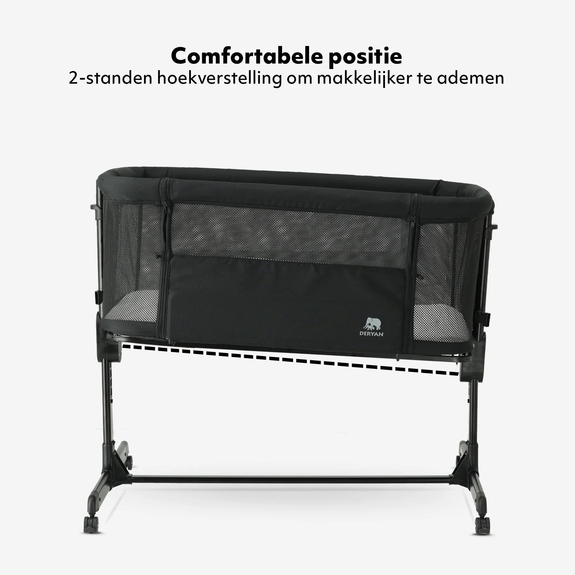 De DERYAN Snoozy co sleeper in het zwart is een wieg die naast het bed kan worden geplaatst voor gebruik bij jonge baby’s. Het model heeft een verstelbare hoogte, een open zijkant en een stabiel frame. De co sleeper is bedoeld voor gebruik tijdens de eerste maanden na de geboorte.