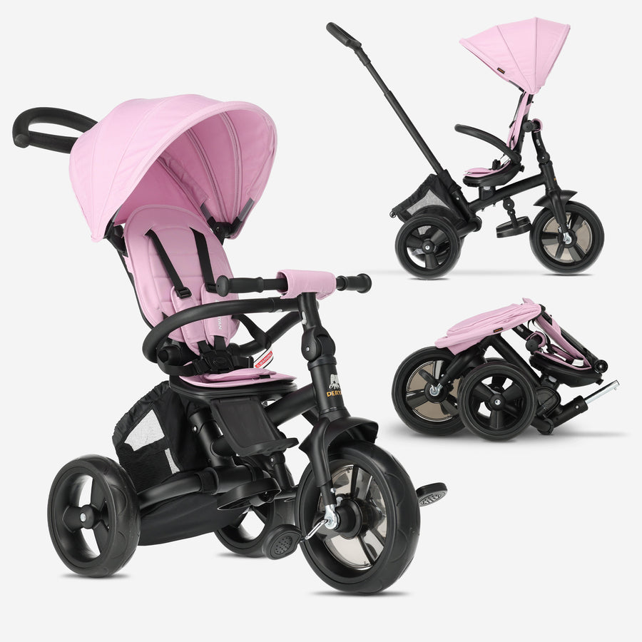 Explorer Luxe Driewieler met duwstang - Opvouwbaar met mandje roze