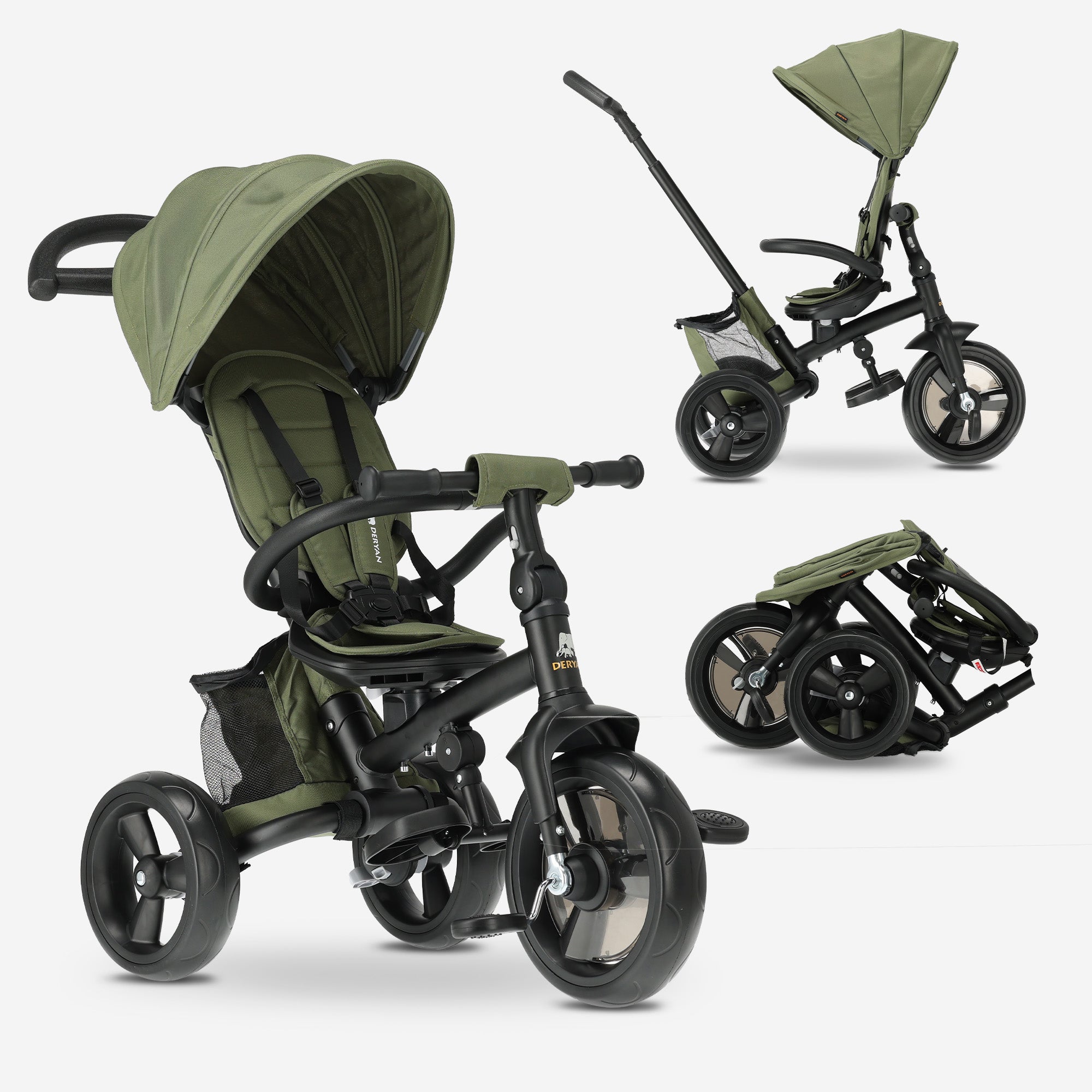 DERYAN Explorer Luxe driewieler groen opvouwbaar met duwstang en voormandje geschikt voor 10-36 maanden