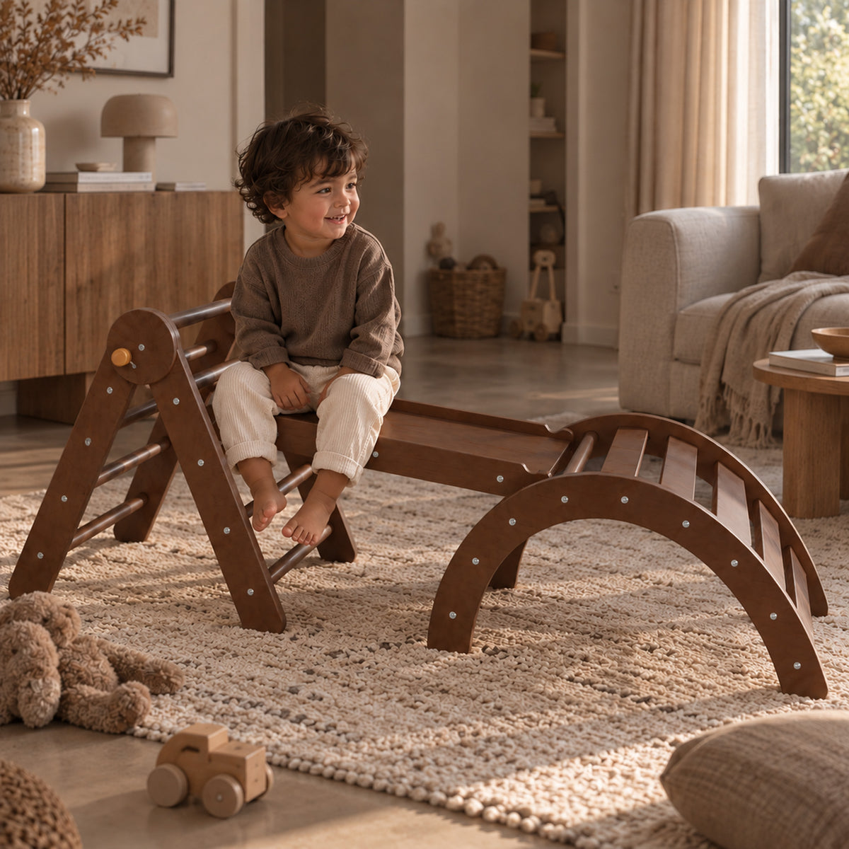 Luxe Klimrek - Driehoek, Klimboog en Glijbaan - Incl. Kussen - Warm Brown