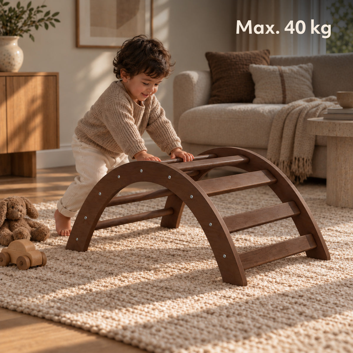 Luxe Klimrek - Driehoek, Klimboog en Glijbaan - Incl. Kussen - Warm Brown
