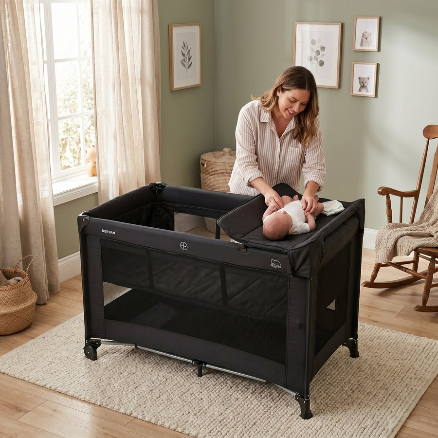 Luxe Campingbed met Verschoonblad en Bodemverhoger - Zwart
