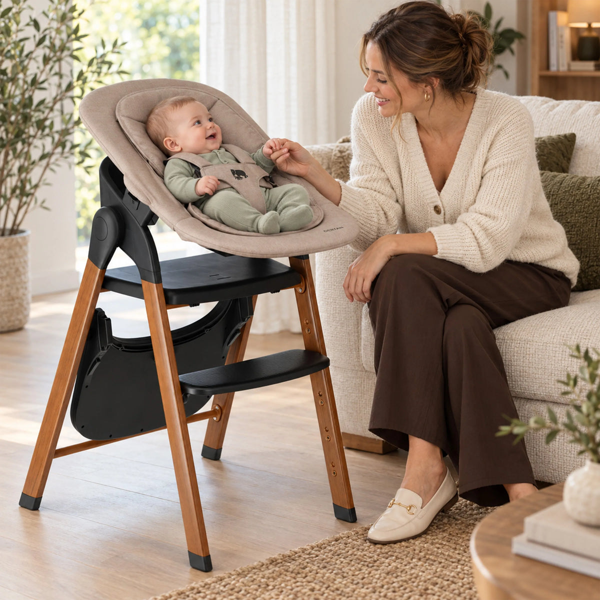 Luxe Meegroeistoel met Babyzitje en Wipstoel Zwart / Warm Brown Hout