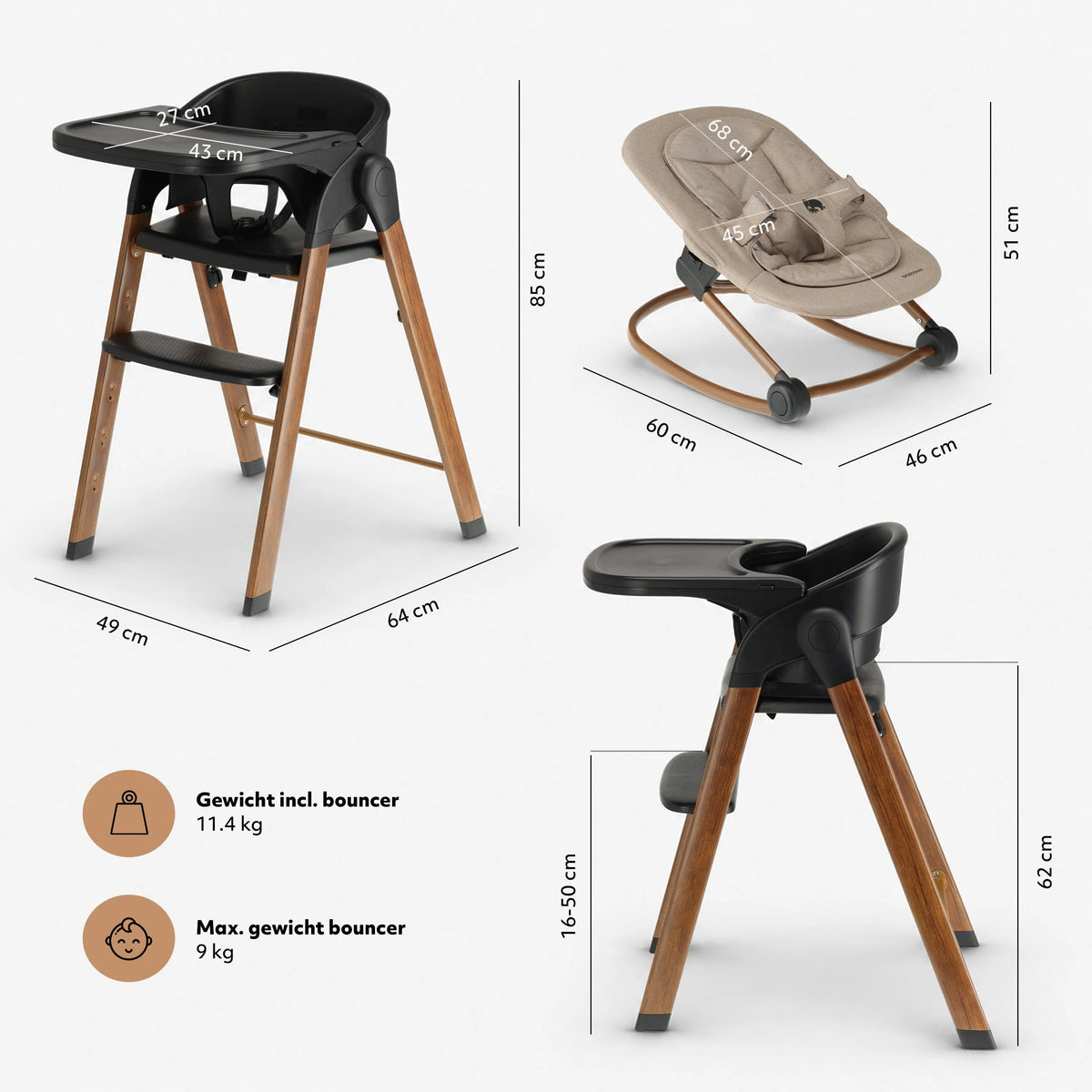 Luxe Meegroeistoel met Babyzitje en Wipstoel Zwart / Warm Brown Hout