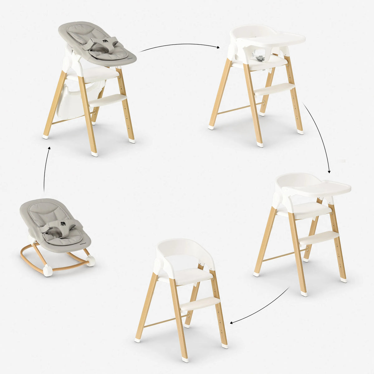 Luxe Meegroeistoel met Babyzitje en Wipstoel Wit / Hout