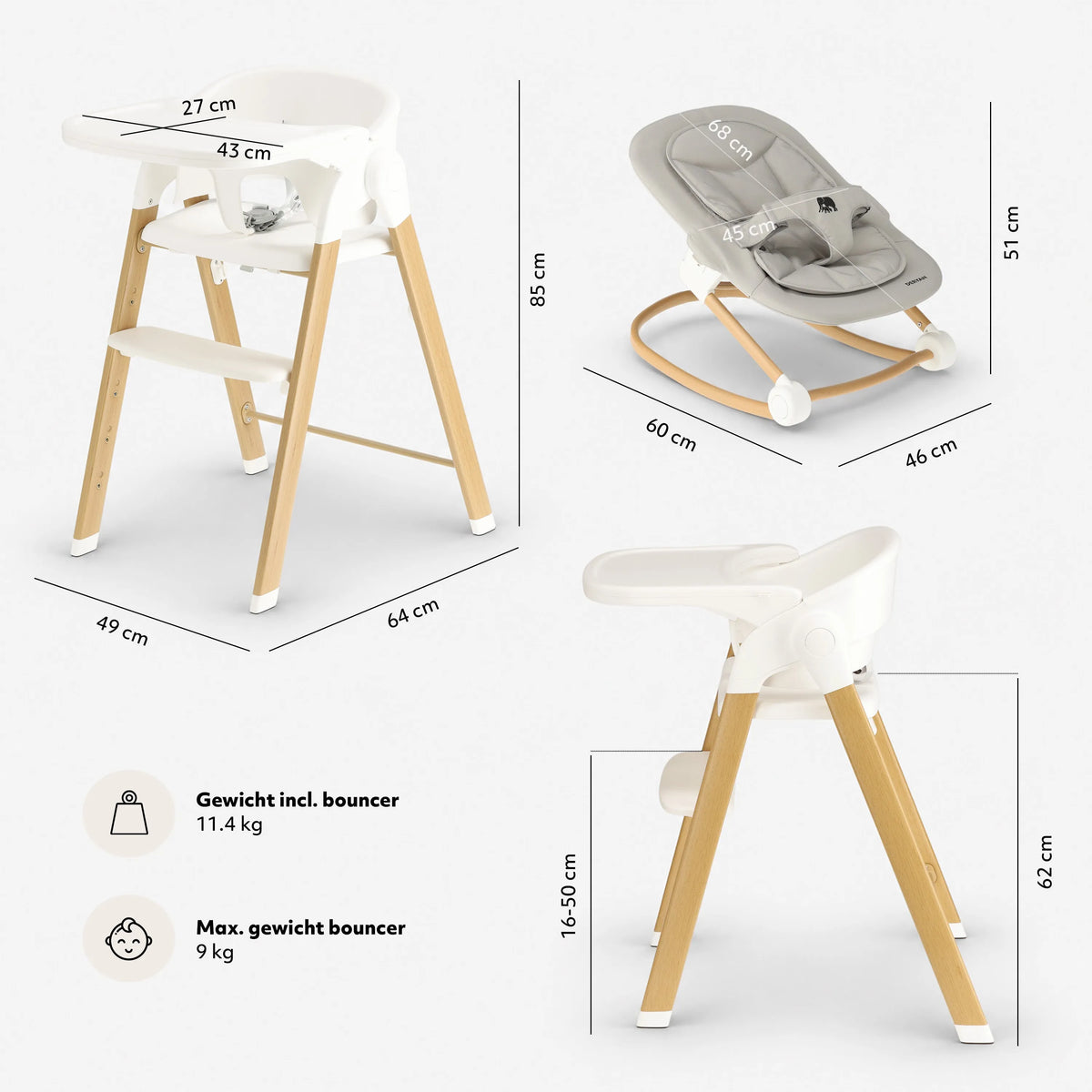 Luxe Meegroeistoel met Babyzitje en Wipstoel Wit / Hout
