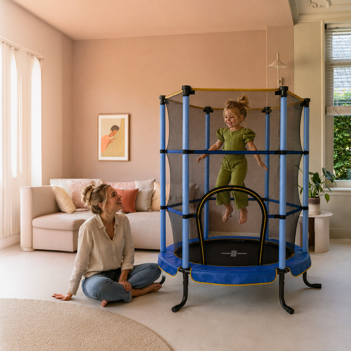 Indoor Kindertrampoline 140cm - Met Veiligheidsnet - Blauw