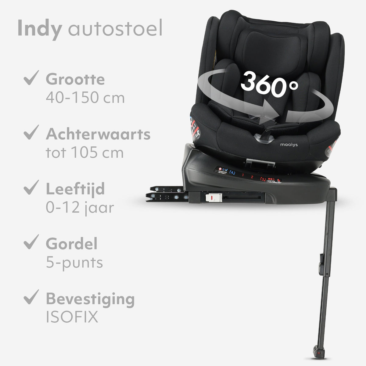 Indy Luxe Autostoel i-Size - 360° Draaibaar - Isofix - Zwart