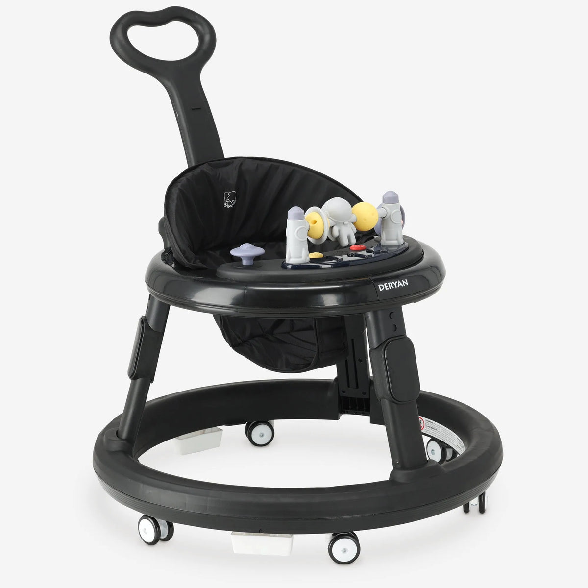 DERYAN Mover loopstoel zwart met geïntegreerde duwstang compact lichtgewicht frame en draaibare wielen