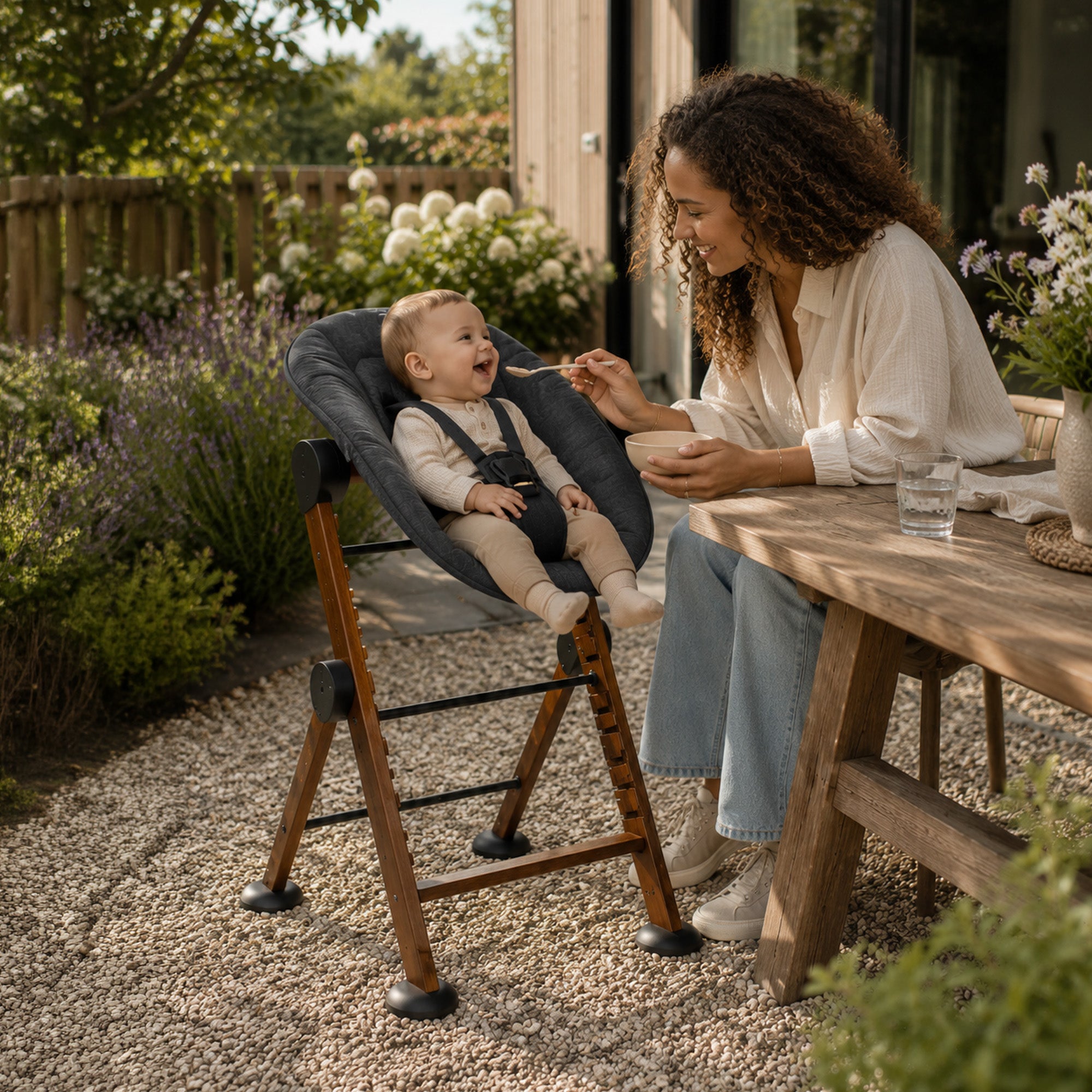Odin Luxe Houten Meegroeistoel Kinderstoel met Bouncer - Inclusief Eetblad - Verstelbare Kinderstoel - Warm Brown /Zwart
