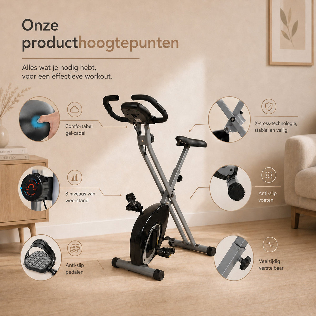 Ultrasport F-Bike Opvouwbare Hometrainer – 8 Weerstandsniveaus – LCD-Display – Hartslagmeting – Zwart/Zilver