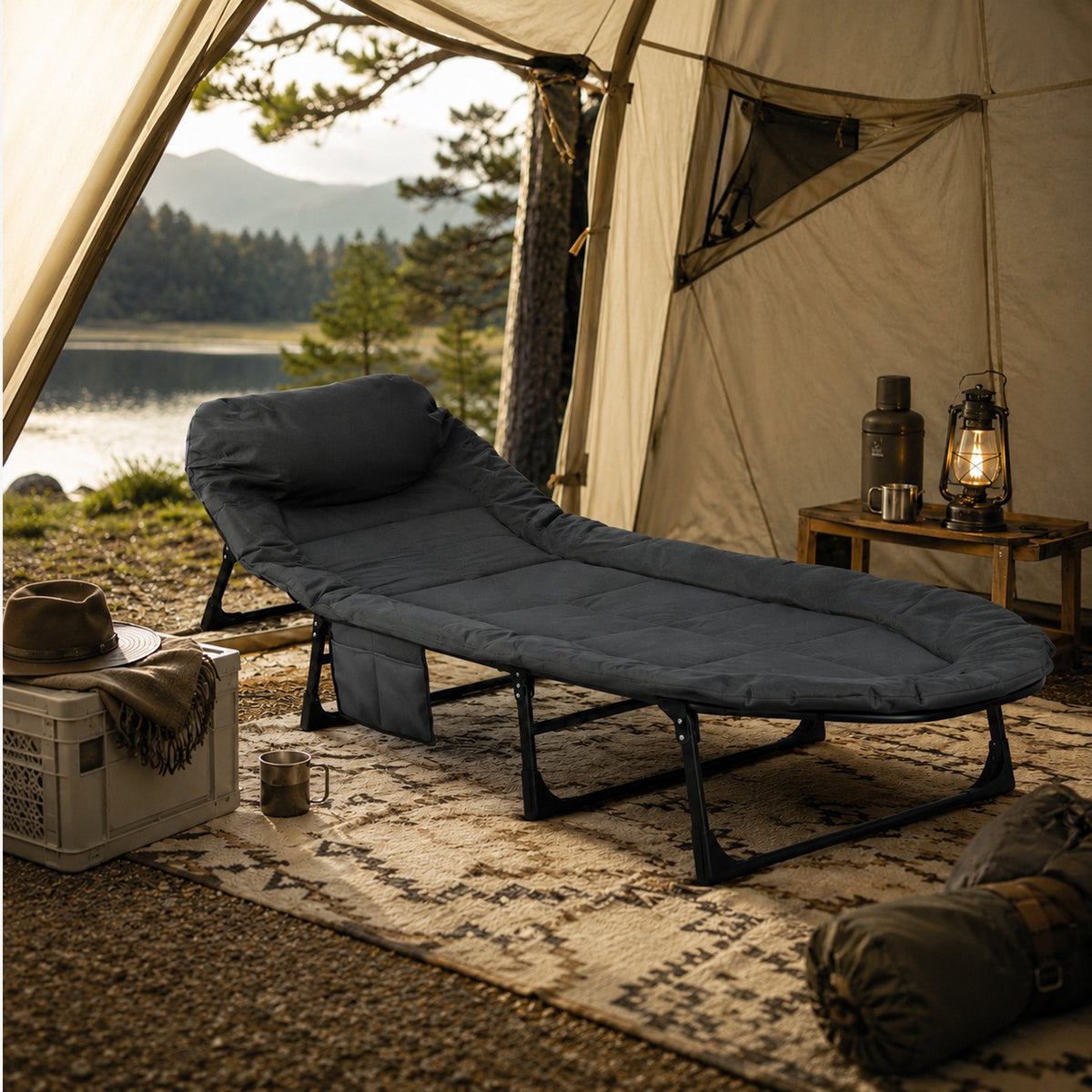Mooiys Opvouwbaar Veldbed – Campingbed met Verstelbare Rugleuning – Grijs