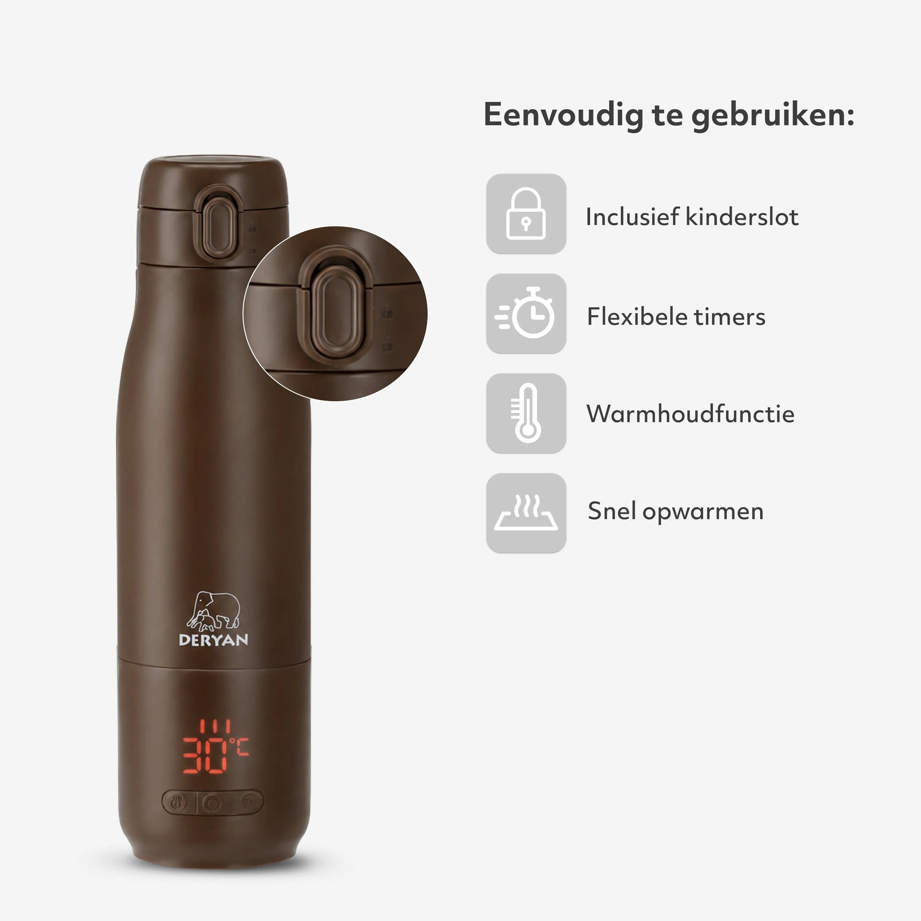 Draadloze flessenwarmer 350 ml Chocolate Brown met instelbare temperatuur