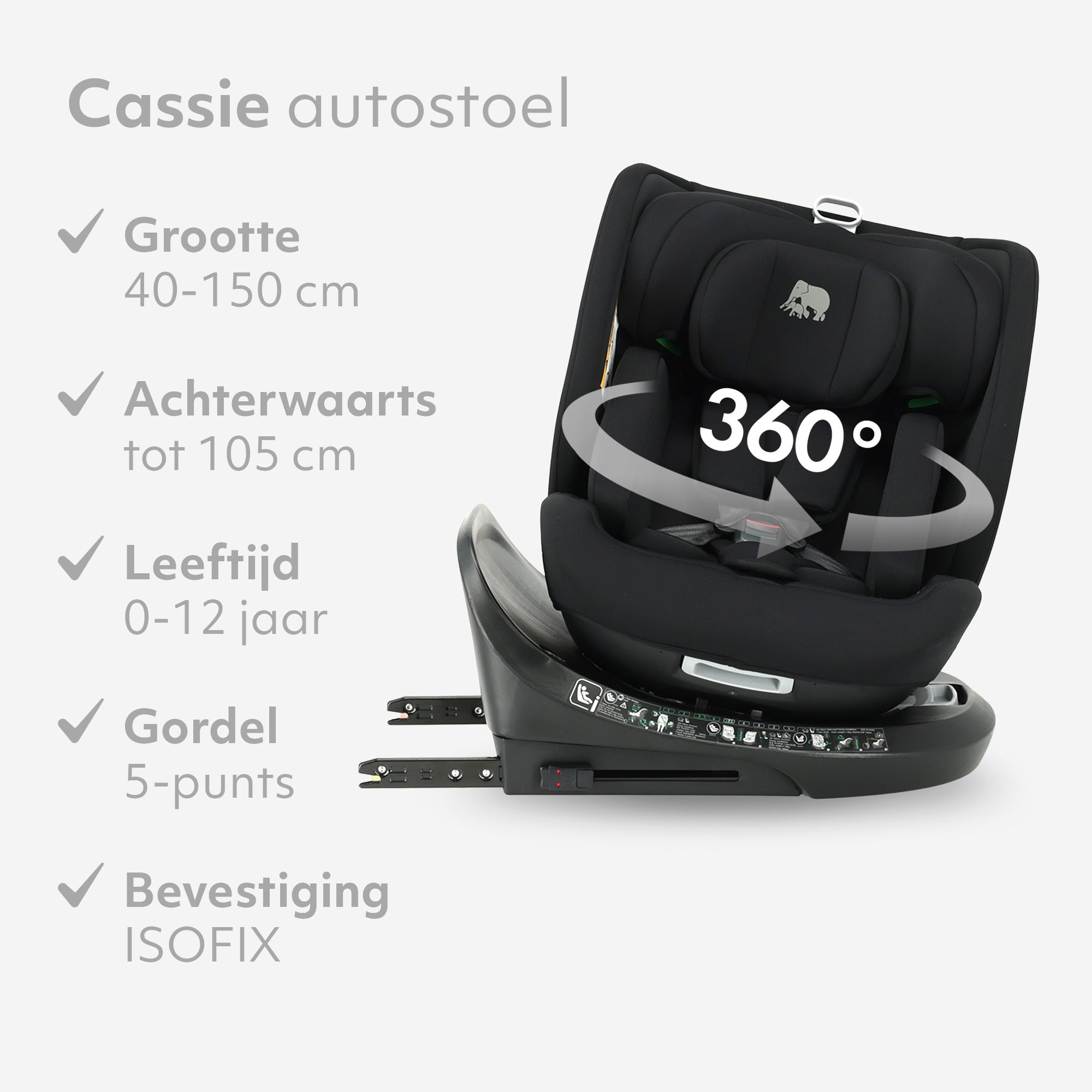 Cassie Luxe I-size Autostoel - Groep 0-1-2-3 - Isofix - Draaibaar 360° - Zwart