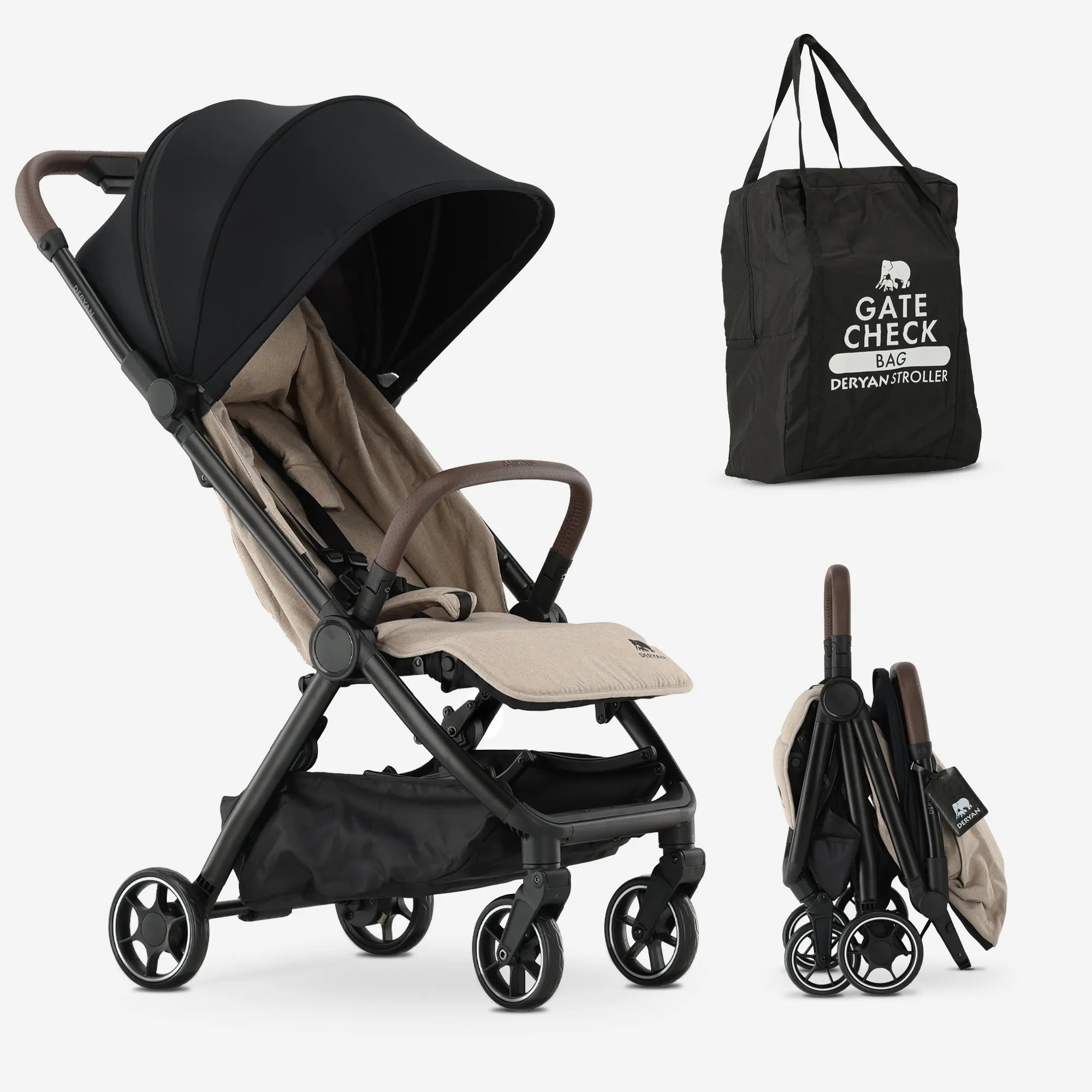 DERYAN Air Buggy Nougat compacte reisbuggy lichtgewicht inklapbaar met opbergvak en vergrendeling