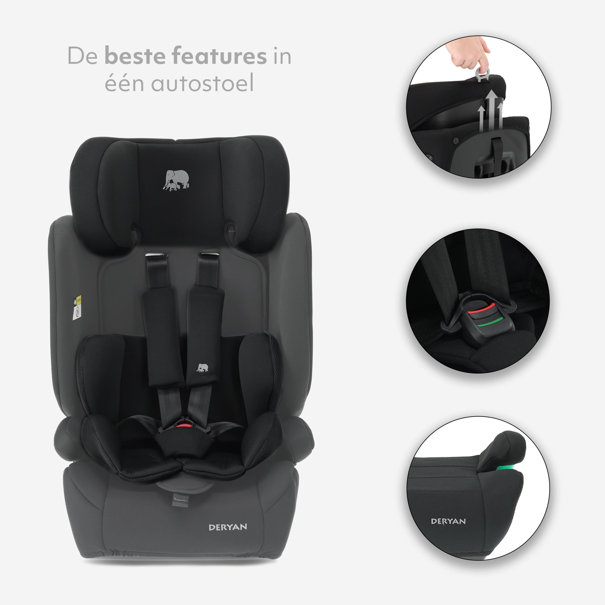 De DERYAN Carter Basic i Size Autostoel Zwart is geschikt voor kinderen van zesenzeventig tot honderdvijftig centimeter, ongeveer van vijftien maanden tot twaalf jaar. Het model voldoet aan de i Size R129 norm en heeft een diepe zitting met zachte bekleding die eenvoudig te reinigen is.