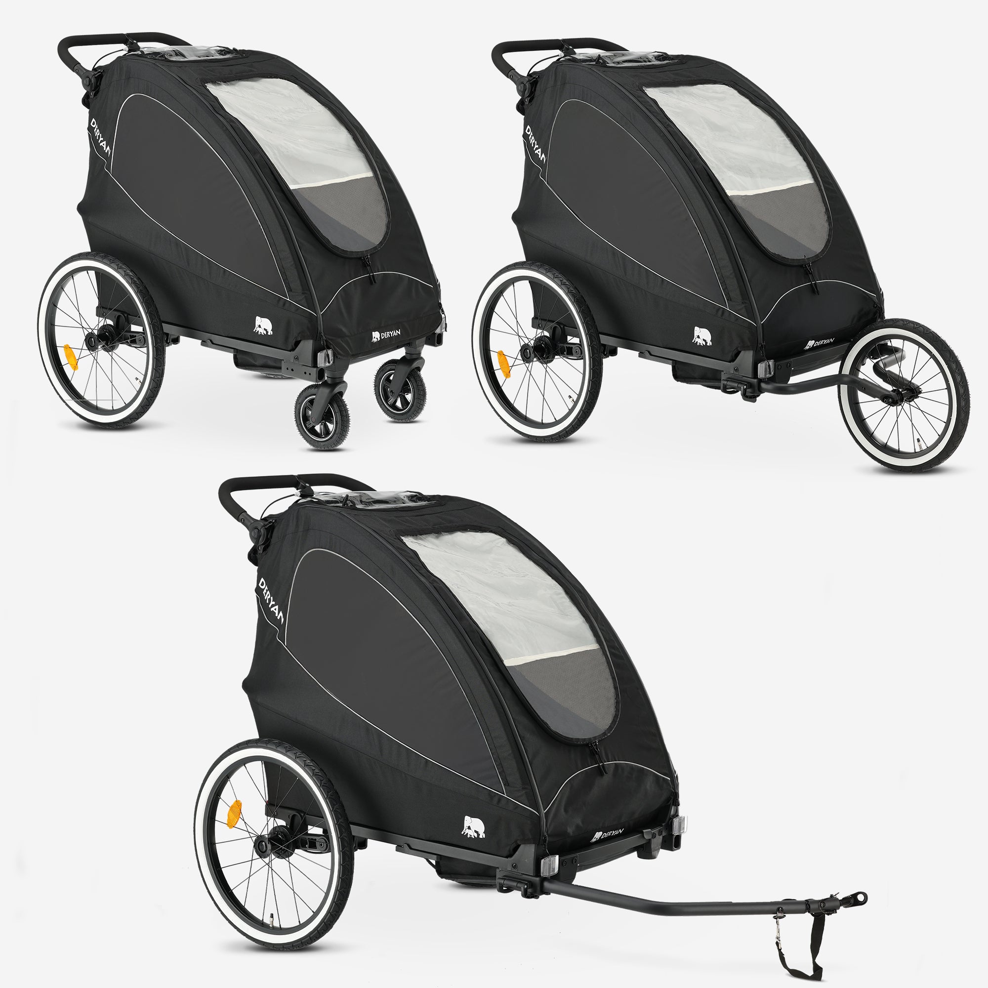 Fietskar wandelwagen hardloopkinderwagen zwart lichtgewicht frame verstelbare koppeling reflecterende details