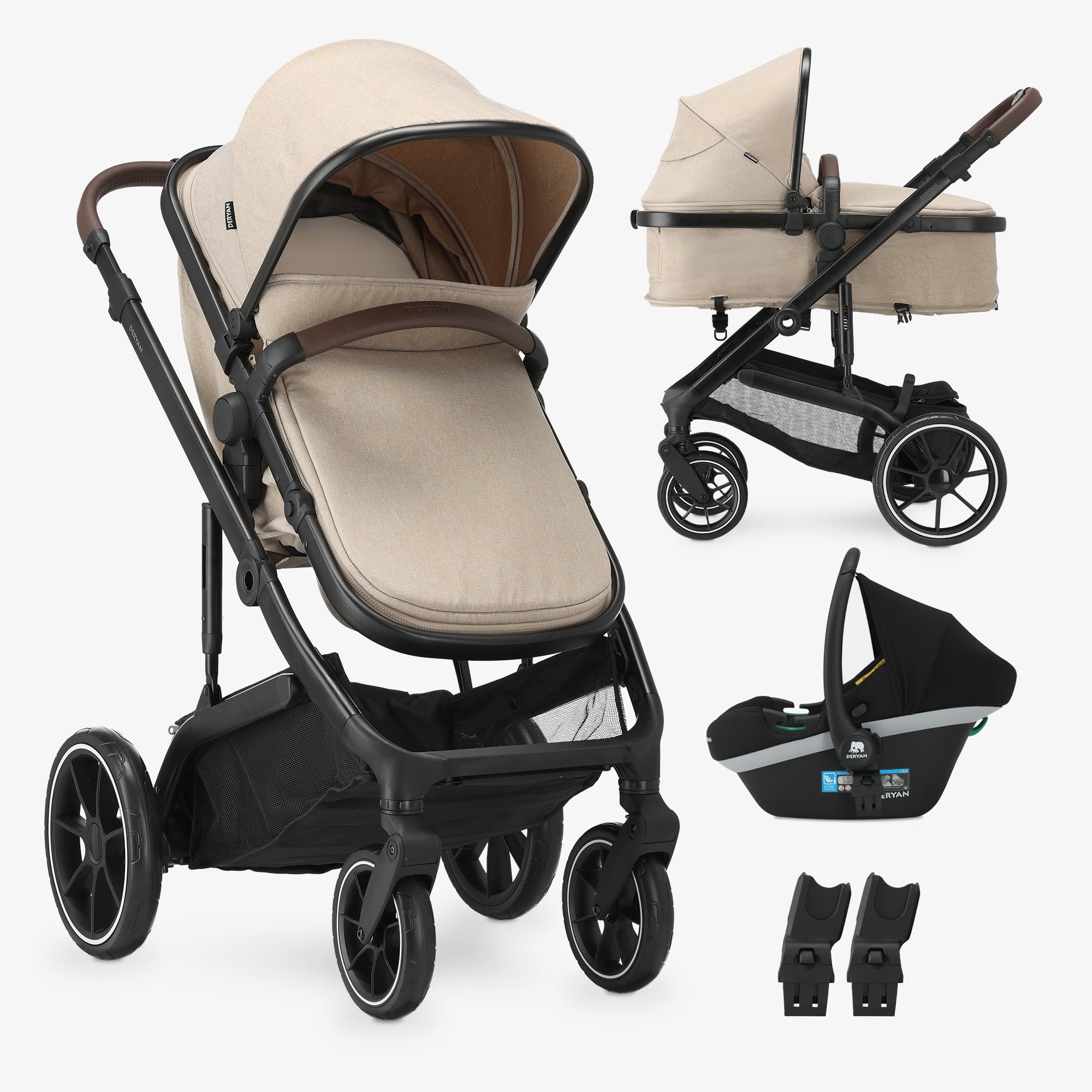 DERYAN Noa 3-in-1 kinderwagen Nougat met reiswieg om te bouwen autostoeladapters en bekerhouder