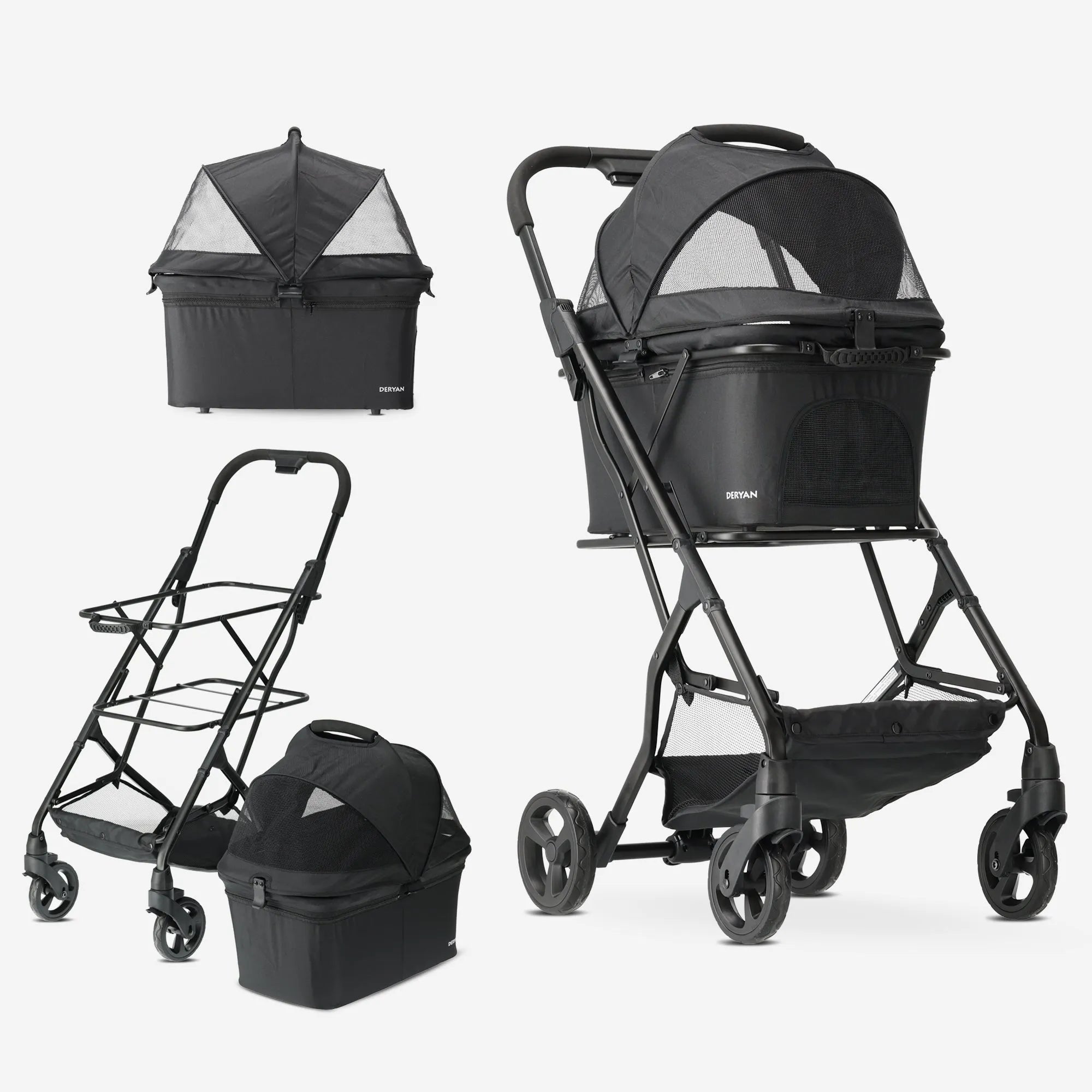 Luxe inklapbare hondenbuggy compact lichtgewicht uitgeklapt op trottoir