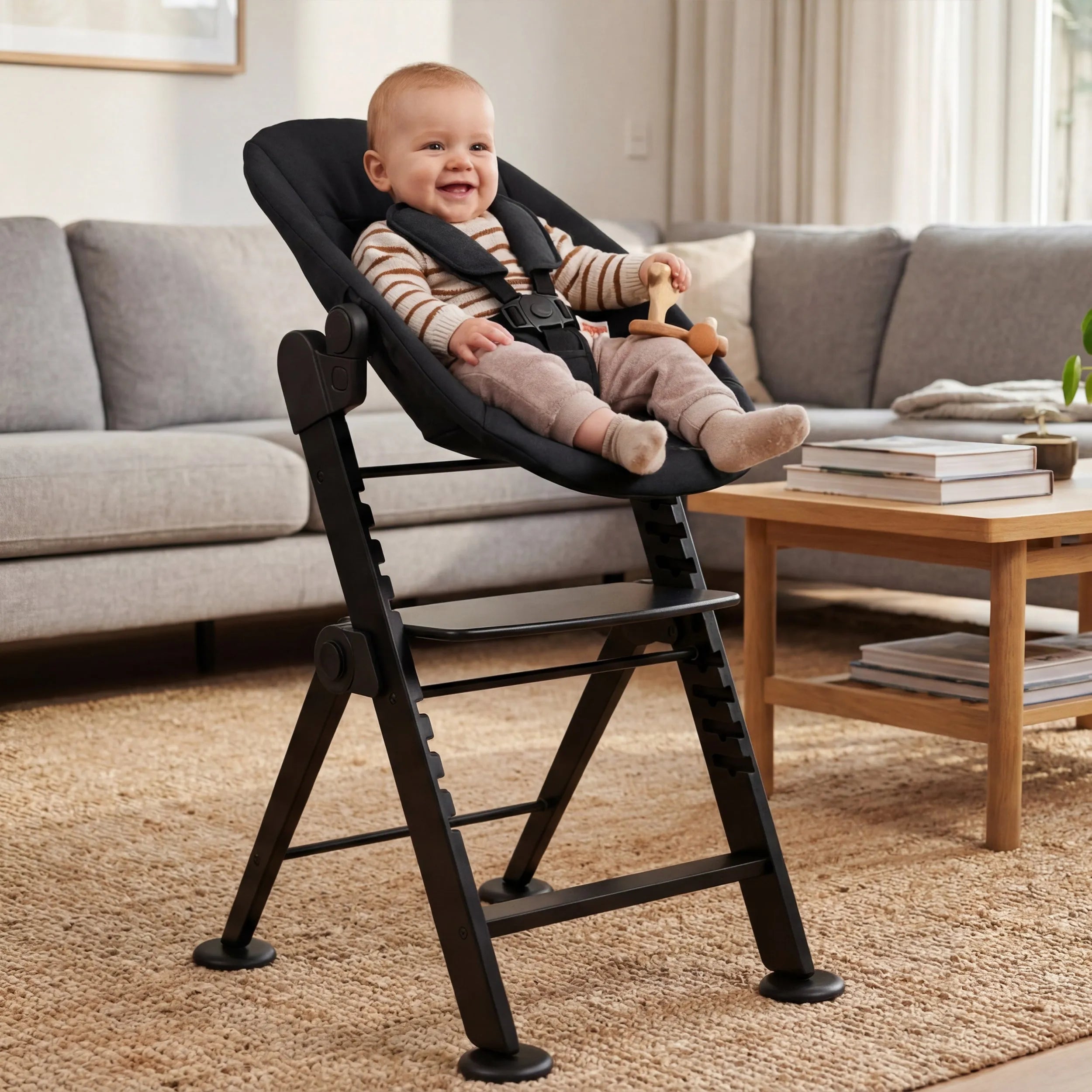Odin Luxe Houten Meegroeistoel Kinderstoel met Bouncer - Inclusief Eetblad - Verstelbare Kinderstoel - Zwart