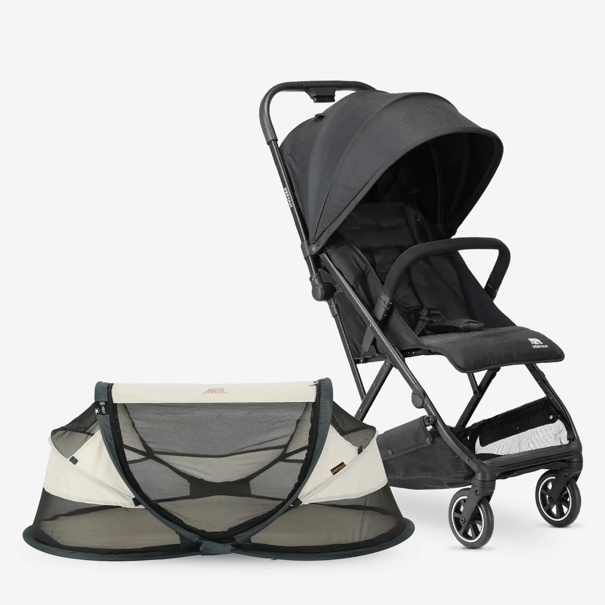 DERYAN Reis Pakket met Baby Luxe Cream campingbedje Easy Luxe zwarte buggy en buggy transporttas