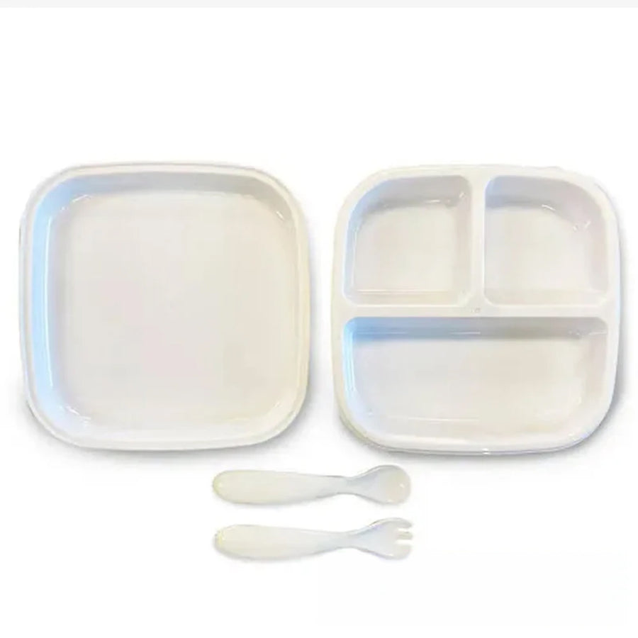 Set Siliconen bord met lepeltjes - Babybord - kinderservies set wit